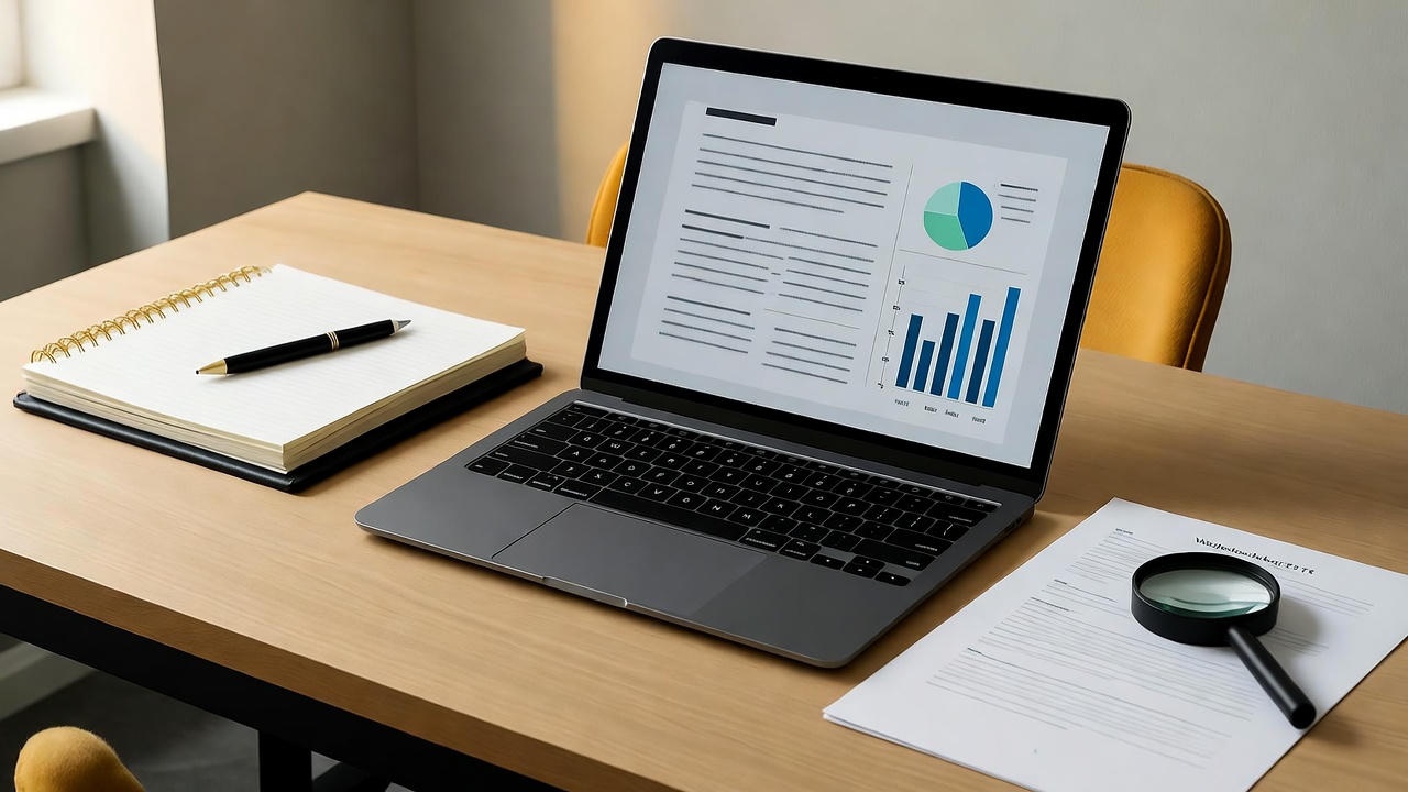 Modern workspace with an open laptop displaying analytical charts and graphs, a spiral notebook with a pen, and a printed document with a magnifying glass on a wooden desk, symbolizing business analysis, data review, and productivity in a professional office environment.
